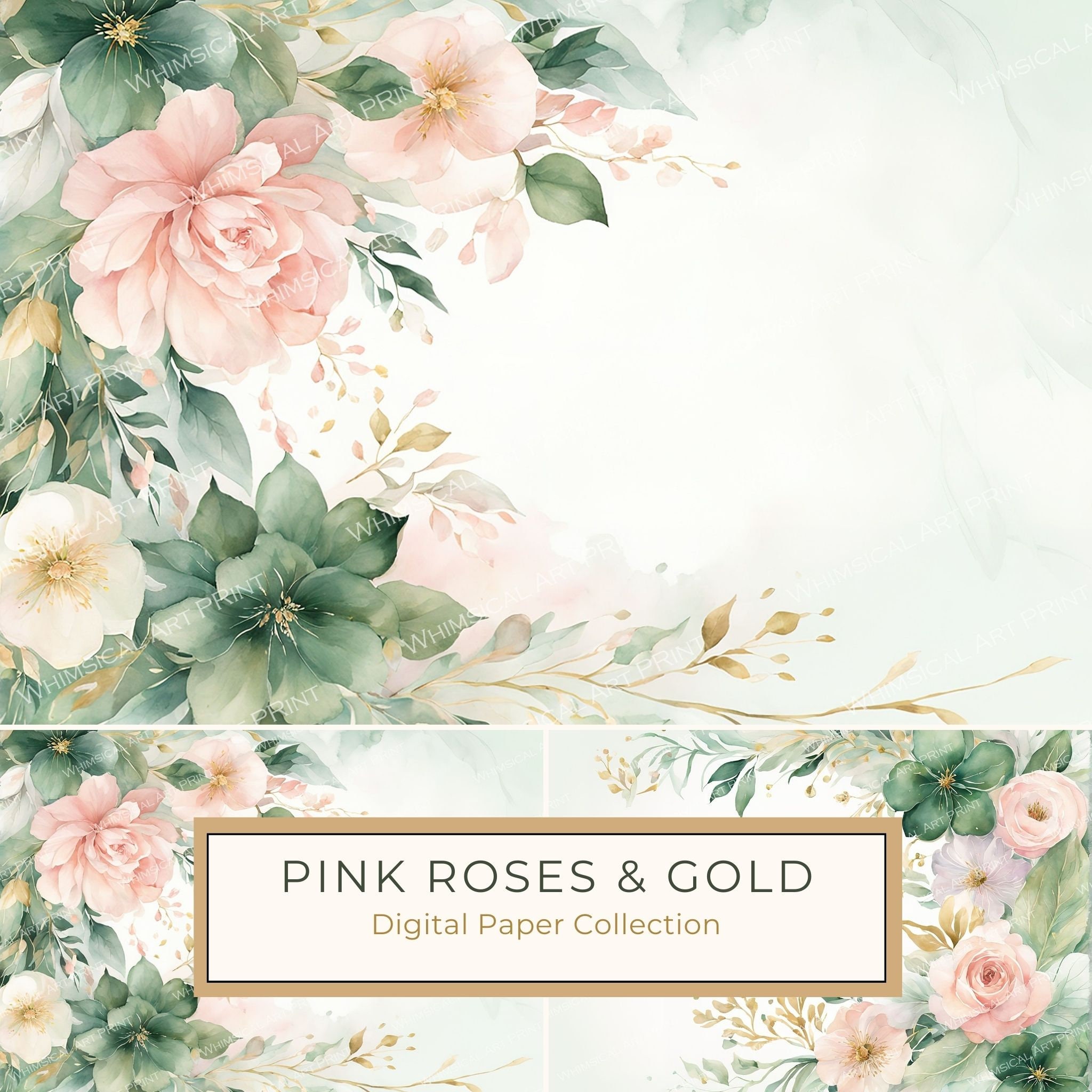 Watercolor Pink Roses & Gold Floral Digital Paper (10 JPGs) (Commercial Use)