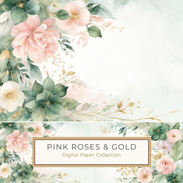 Watercolor Pink Roses & Gold Floral Digital Paper (10 JPGs) (Commercial Use)