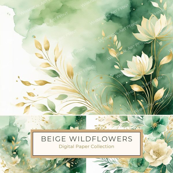 Watercolor Floral Digital Paper Pack: Beige Flowers, Green Background (10 JPGs)