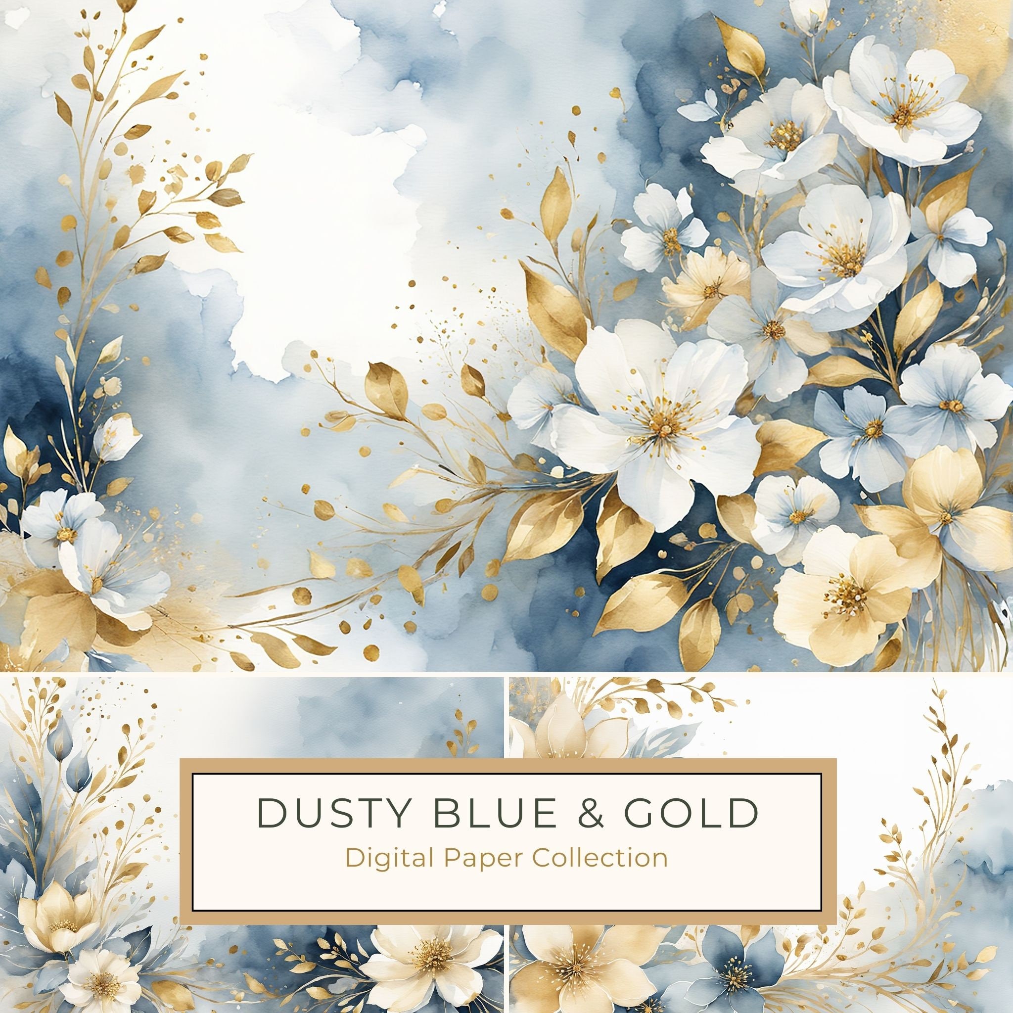 Dusty Blue Watercolor Paper: Gold Floral Scrapbook Backgrounds (Digital)