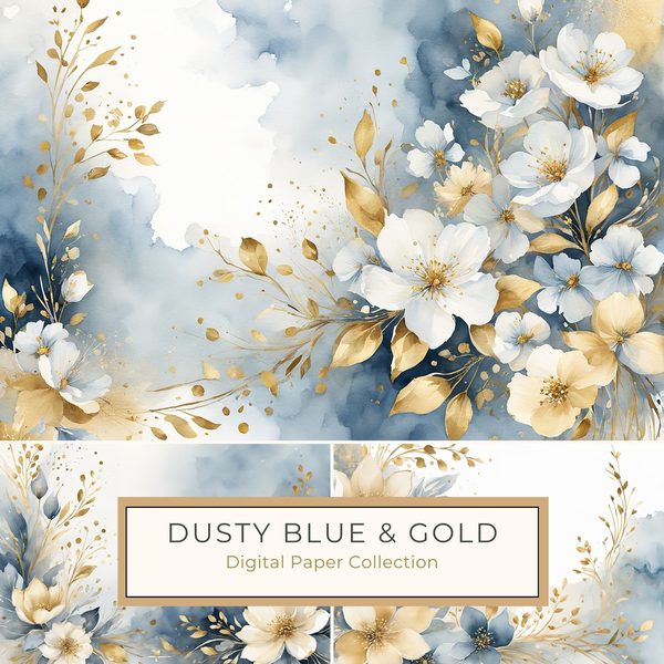 Dusty Blue Watercolor Paper: Gold Floral Scrapbook Backgrounds (Digital)