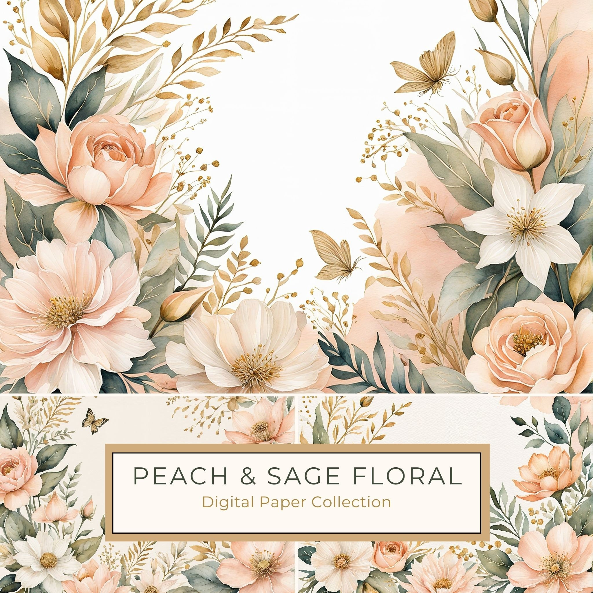 Watercolor Peach Sage Floral Digital Paper Pack: Scrapbooking (10 JPGs)