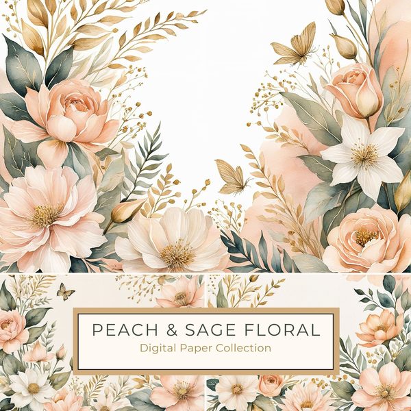 Watercolor Peach Sage Floral Digital Paper Pack: Scrapbooking (10 JPGs)