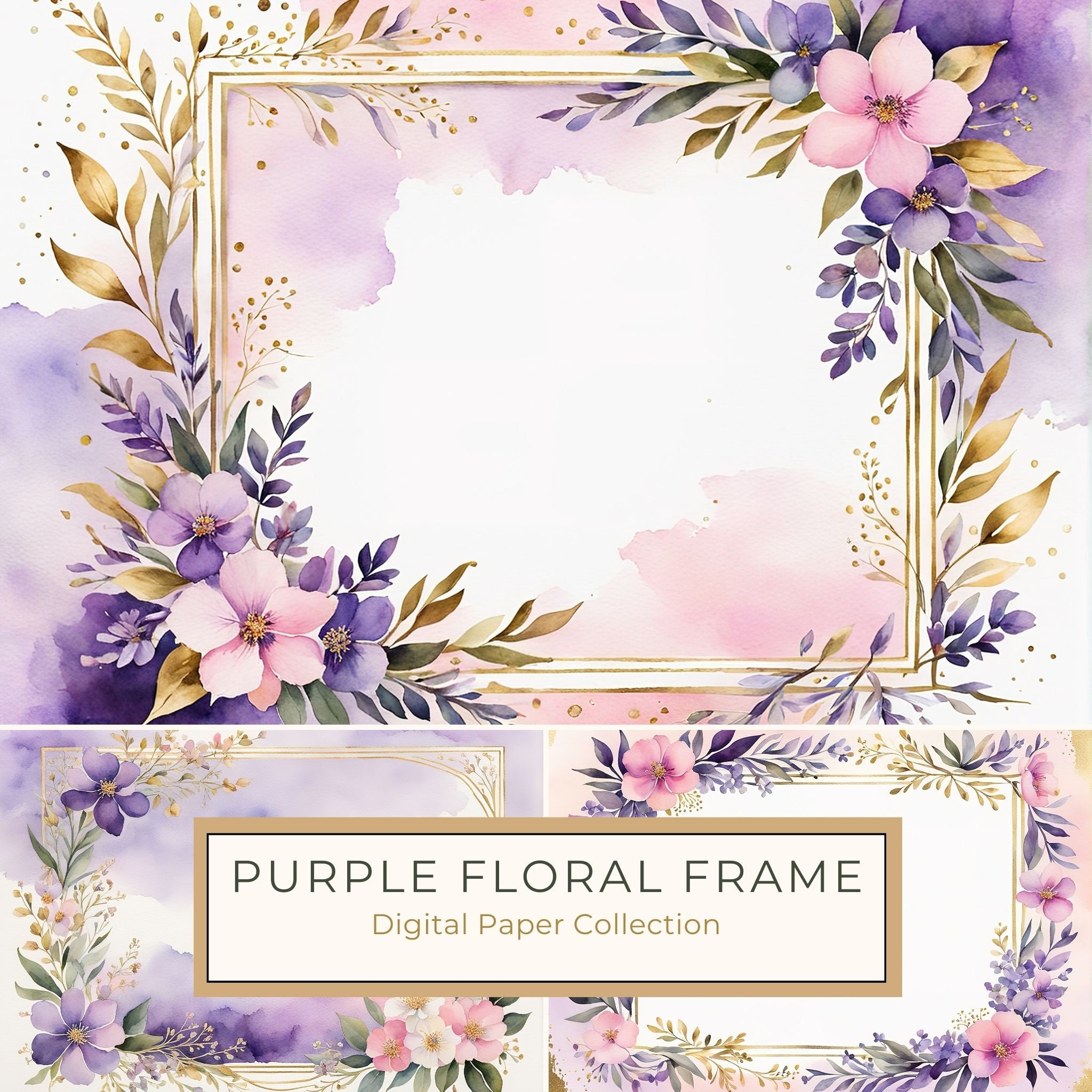 Watercolor Purple Floral Frames: Scrapbooking Paper (Digital Download)
