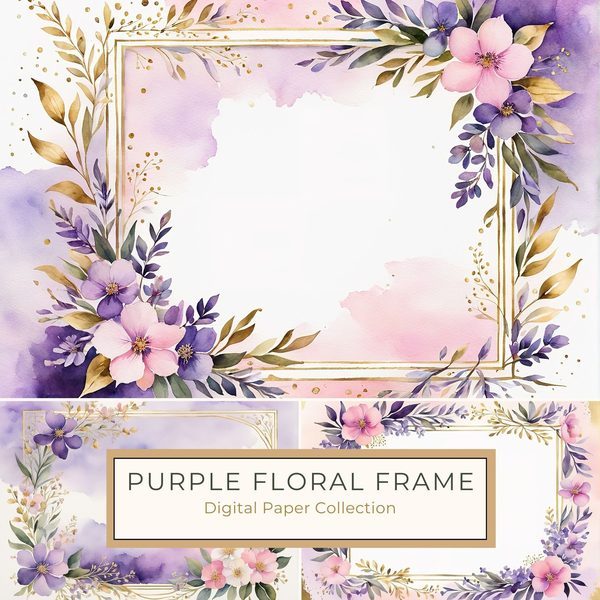 Watercolor Purple Floral Frames: Scrapbooking Paper (Digital Download)