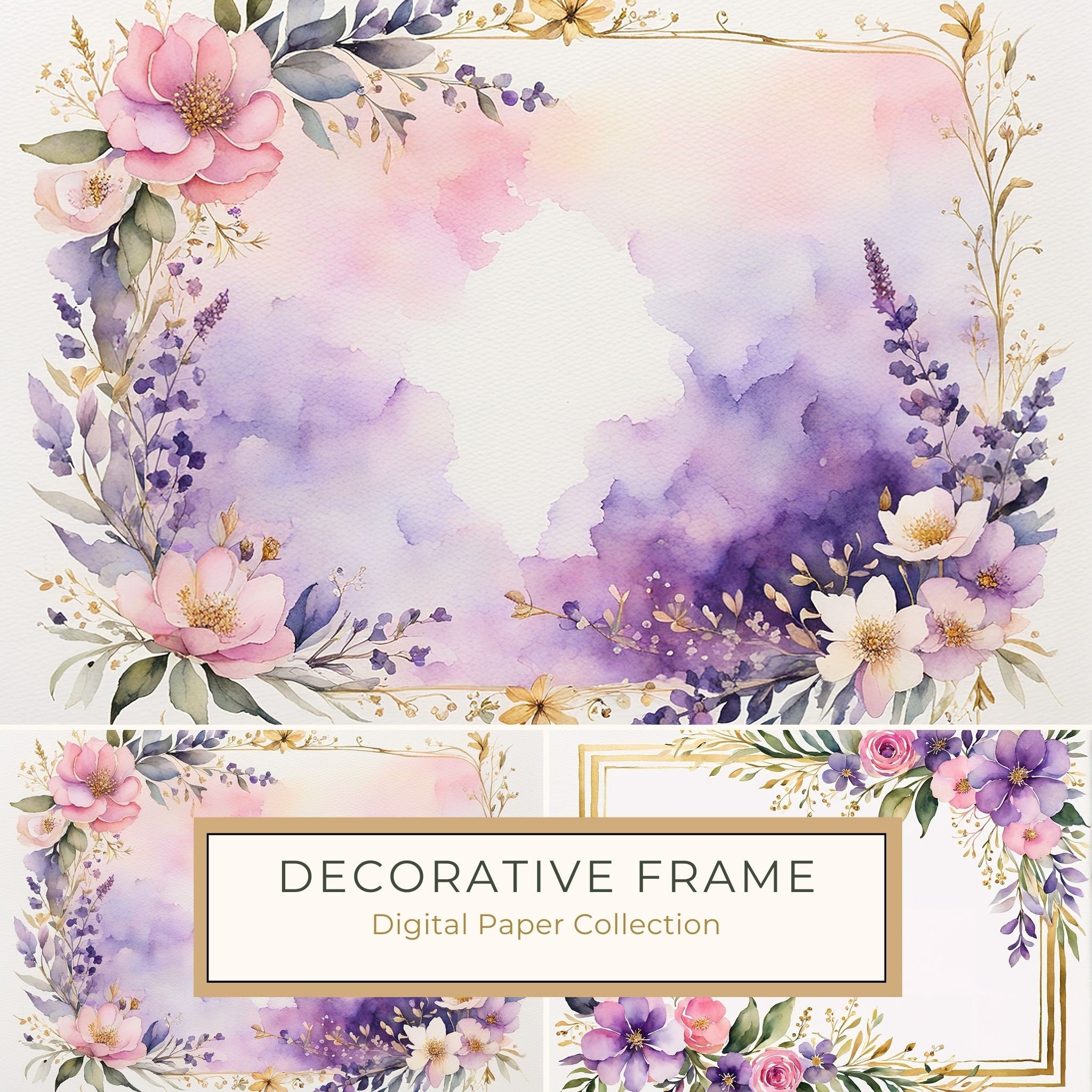 Watercolor Floral Frame Digital Paper Pack: Purple & White (10 JPGs)