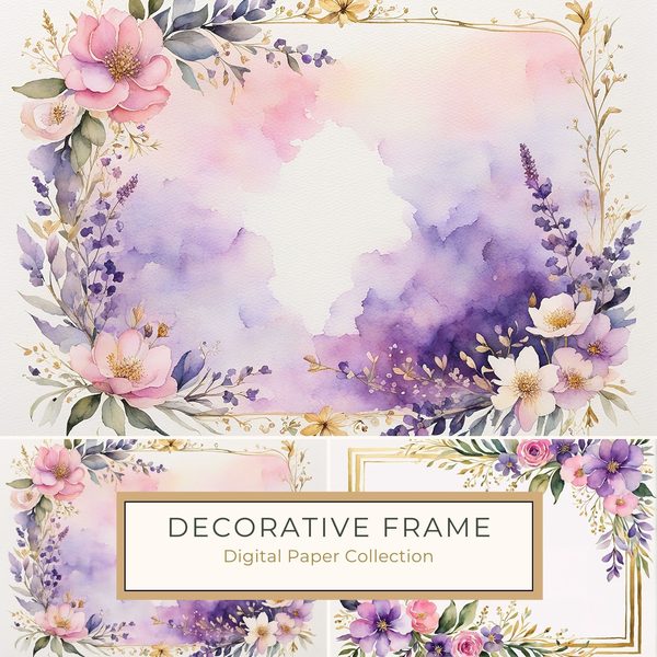 Watercolor Floral Frame Digital Paper Pack: Purple & White (10 JPGs)