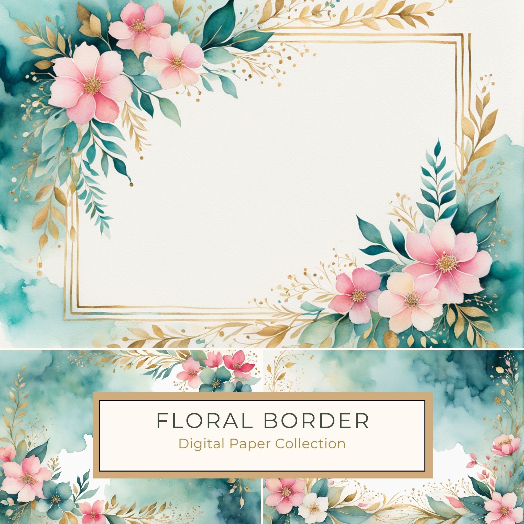 Watercolor Floral Digital Paper Pack: Emerald Green & Pink (10 JPGs)