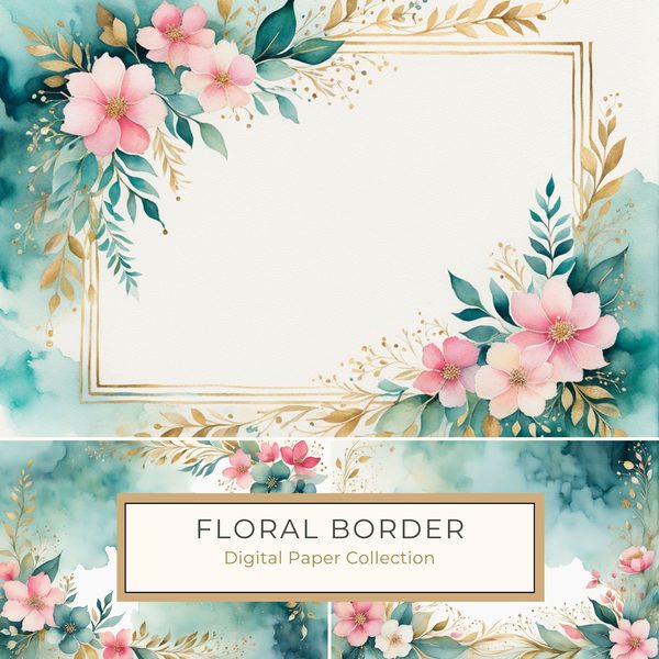 Watercolor Floral Digital Paper Pack: Emerald Green & Pink (10 JPGs)