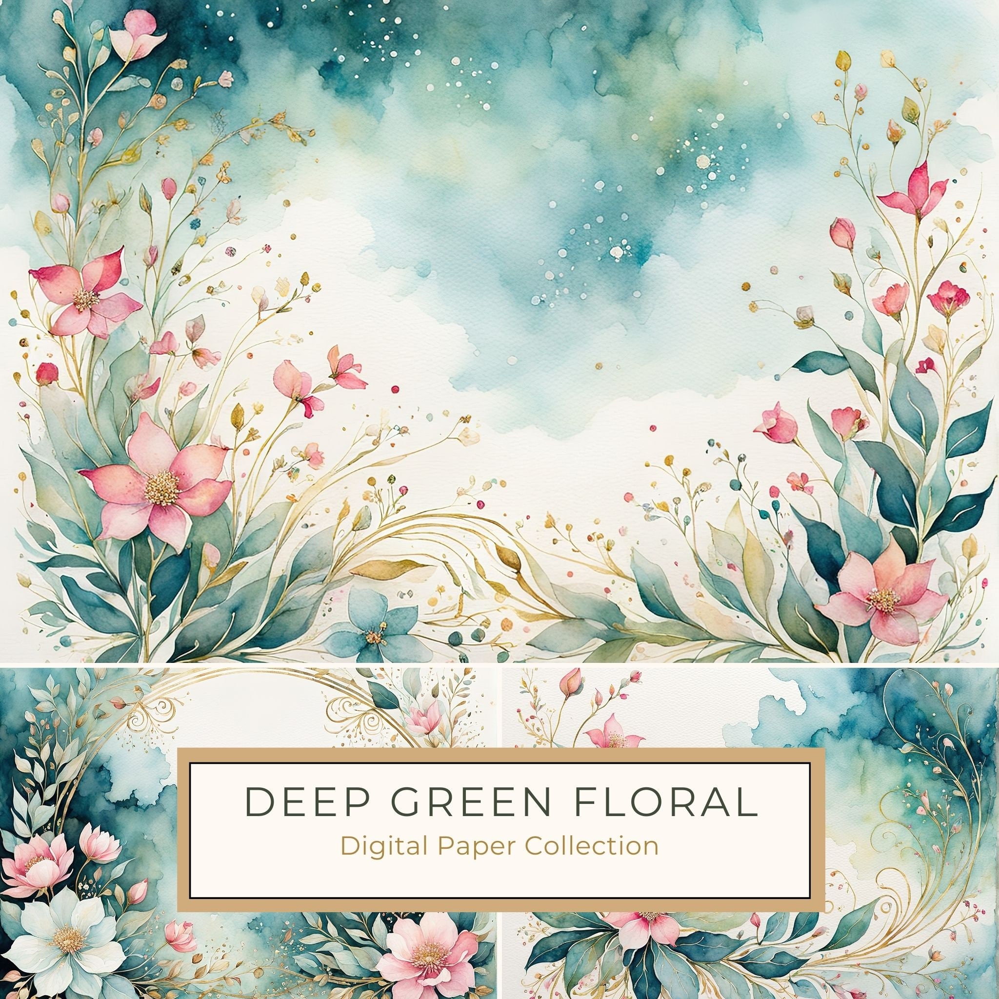 Watercolor Floral Digital Paper Pack: Green & Pink, Scrapbooking (10 JPGs) (Digital Download)