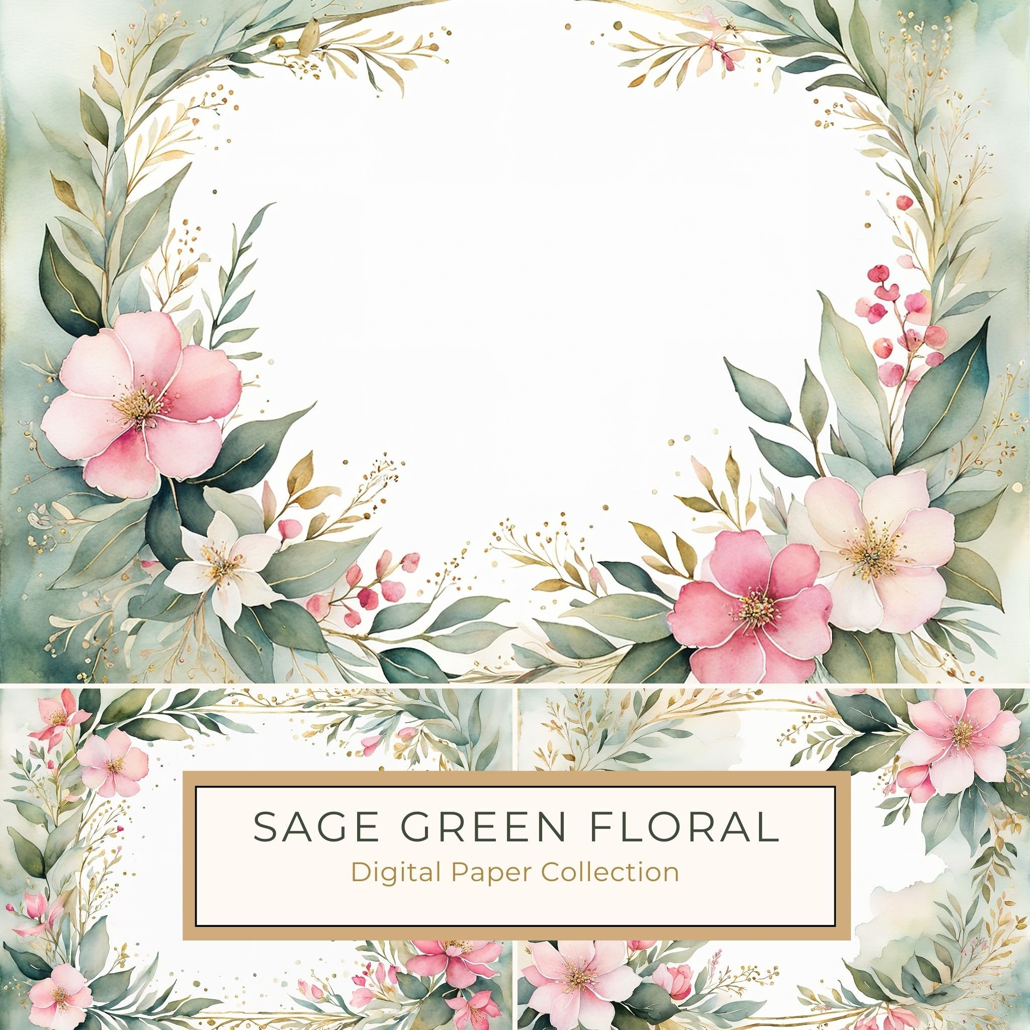 Watercolor Floral Digital Paper Pack: Sage Green & Pink (10 JPGs)