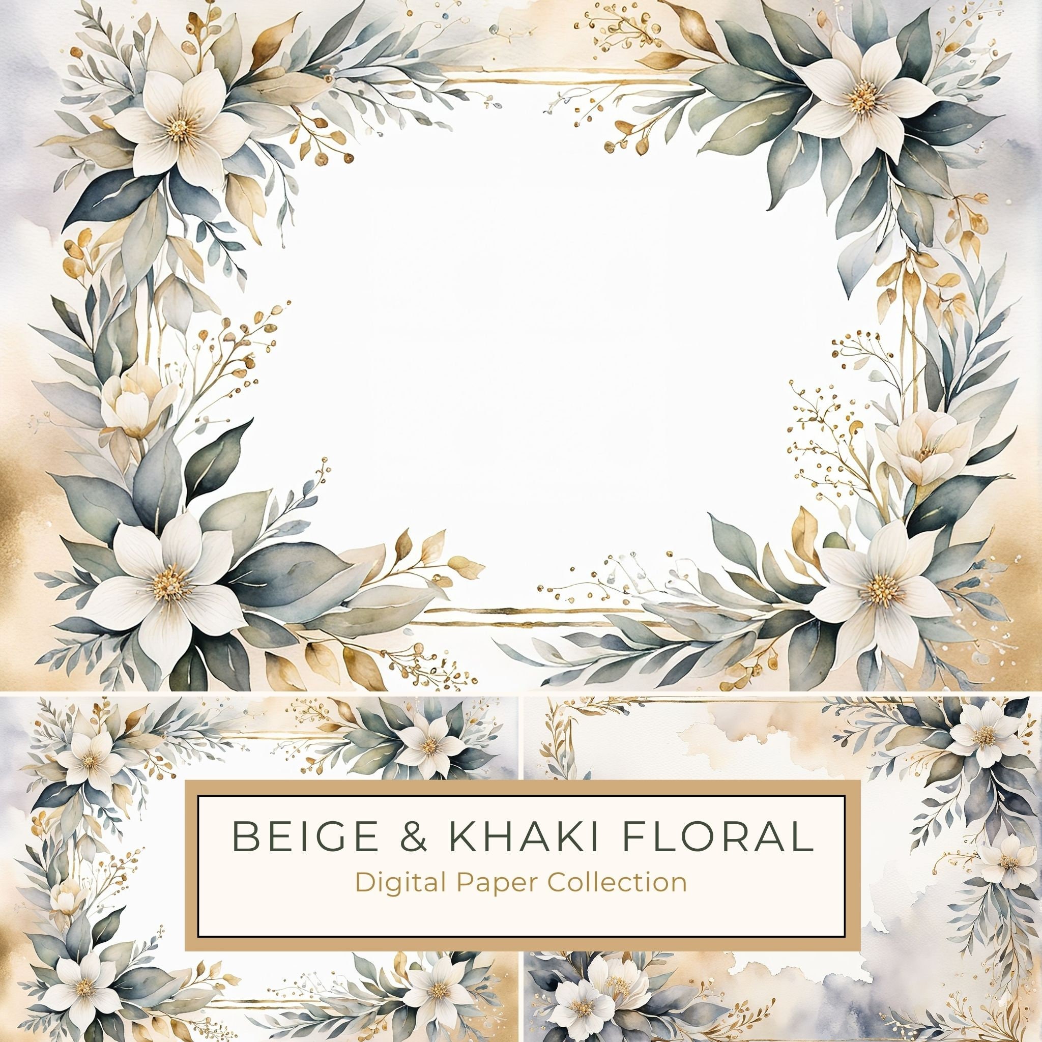 Watercolor Floral Digital Paper Pack: Beige & Khaki Frames (Commercial Use, 10 JPGs)