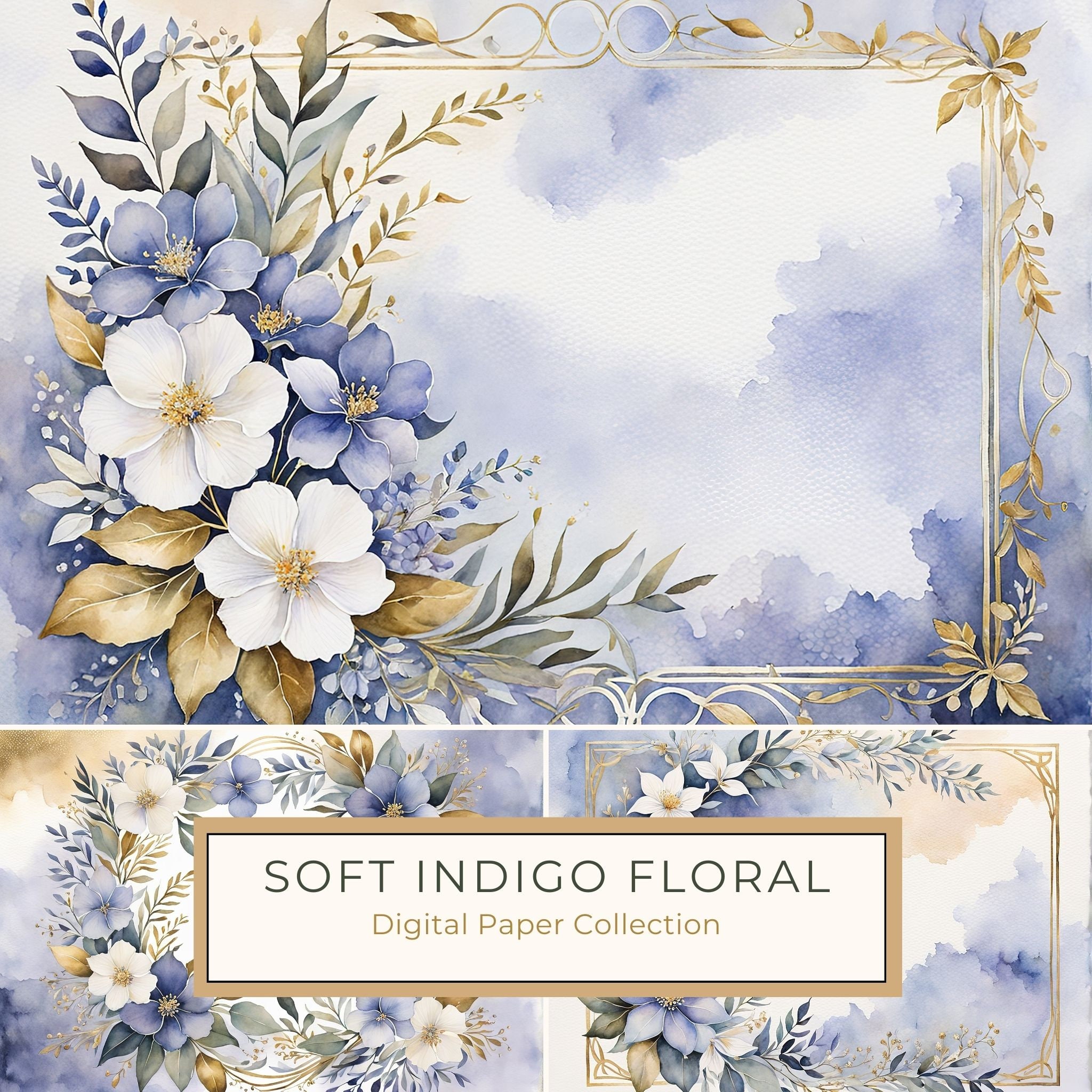 Watercolor Floral Frame Digital Paper Pack: Indigo Scrapbooking (10 JPGs)