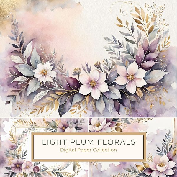 Watercolor Plum Floral Digital Paper: Scrapbooking Page Frames (10 JPGs)