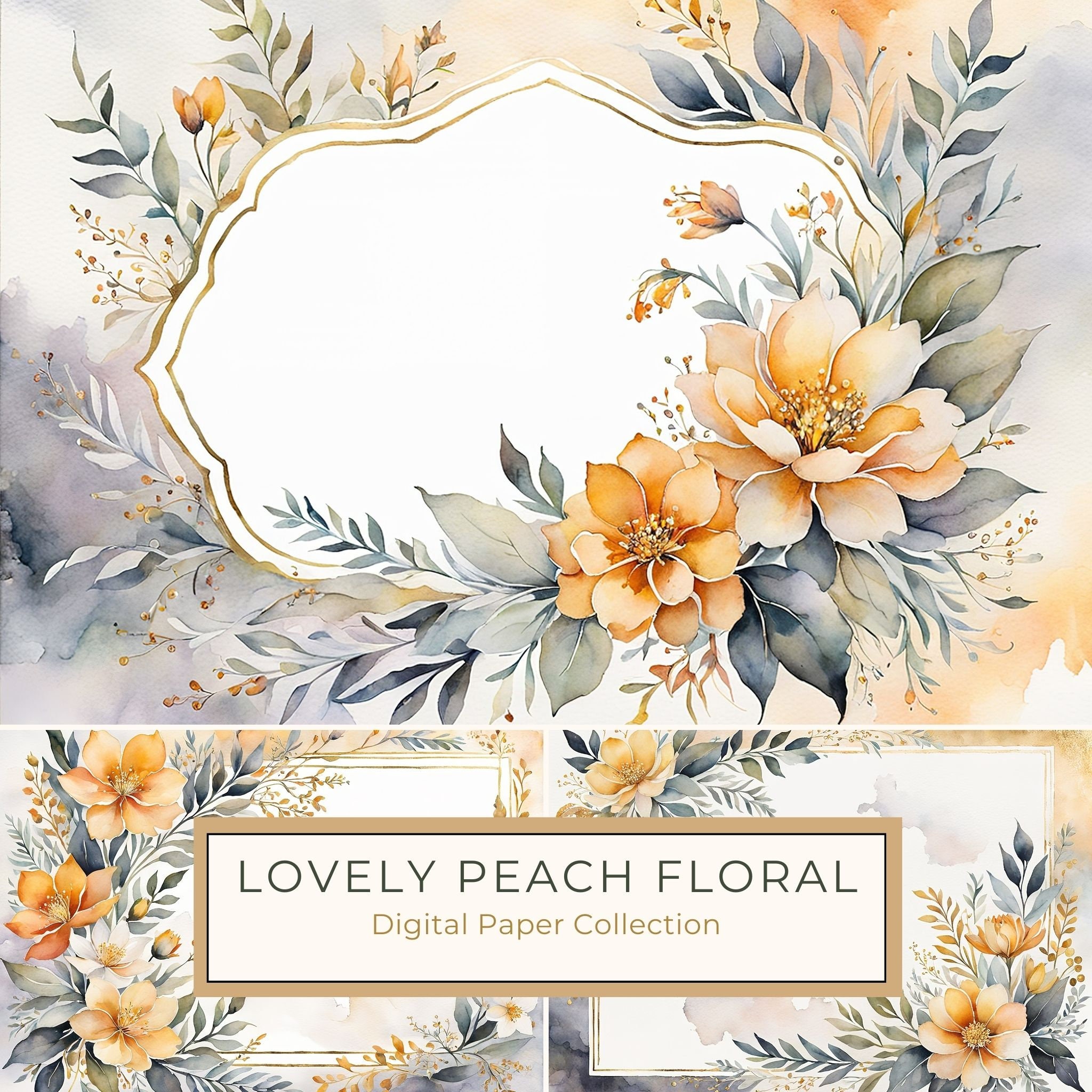 Watercolor Peach Floral Digital Paper: Scrapbook Page Frames (10 JPGs)