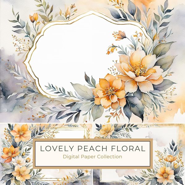 Watercolor Peach Floral Digital Paper: Scrapbook Page Frames (10 JPGs)