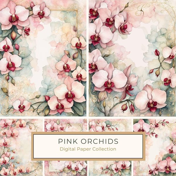 Watercolor Orchid Frame: Pink Floral Paper Pack (Digital Download)