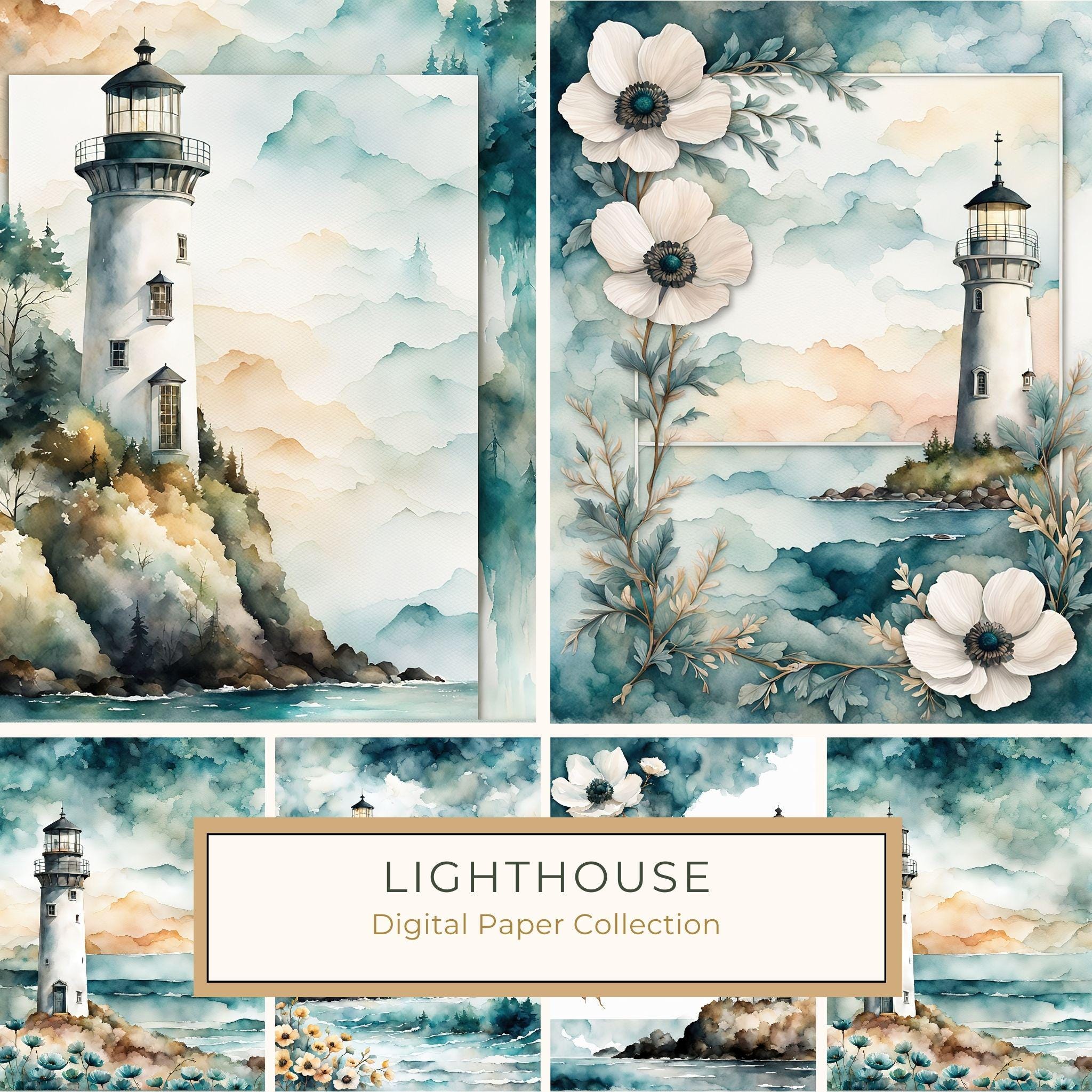 Watercolor Lighthouse Digital Paper: Coastal Ocean Scenes (JPG, Commercial Use)
