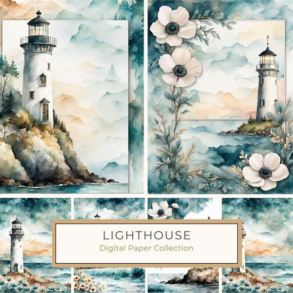 Watercolor Lighthouse Digital Paper: Coastal Ocean Scenes (JPG, Commercial Use)