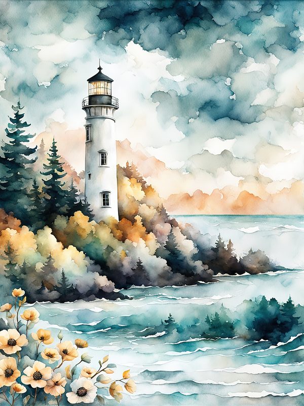 Watercolor Lighthouse Digital Paper: Coastal Ocean Scenes (JPG, Commercial Use) — image 1
