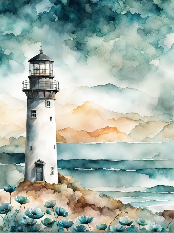 Watercolor Lighthouse Digital Paper: Coastal Ocean Scenes (JPG, Commercial Use) — image 4