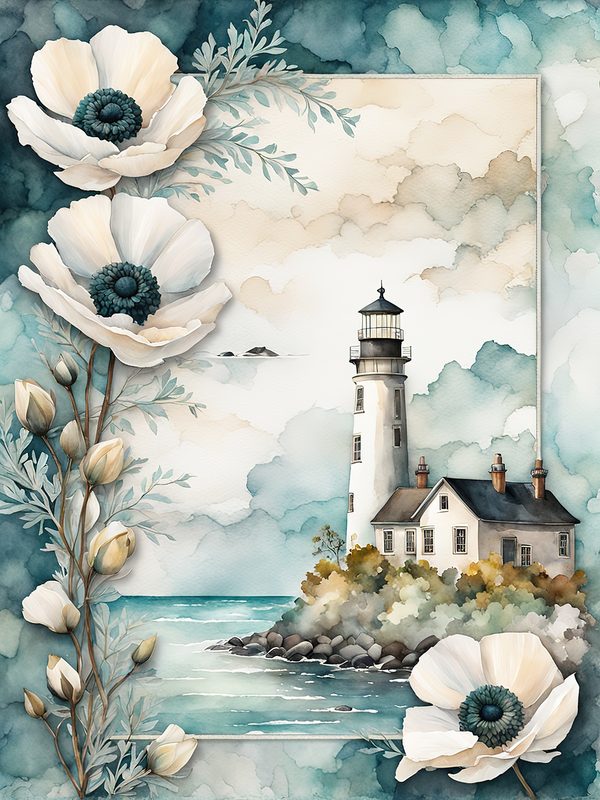 Watercolor Lighthouse Digital Paper: Coastal Ocean Scenes (JPG, Commercial Use) — image 5
