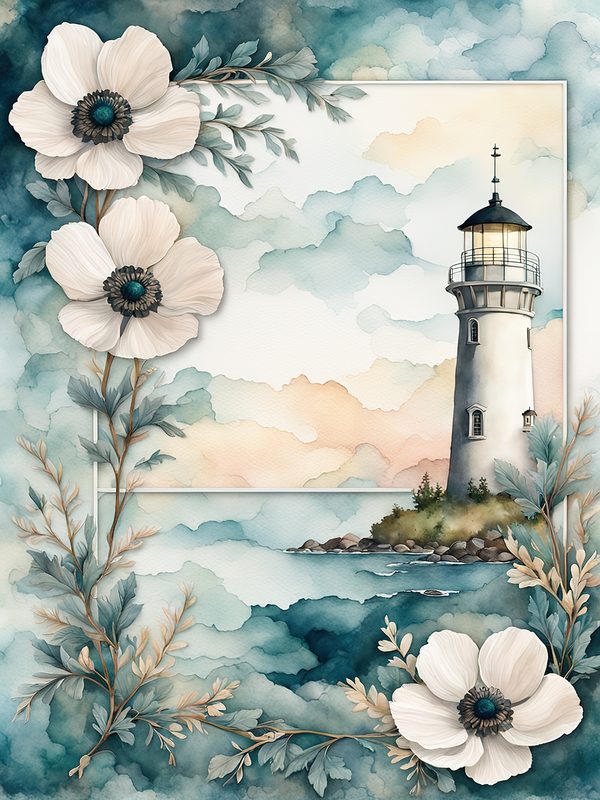 Watercolor Lighthouse Digital Paper: Coastal Ocean Scenes (JPG, Commercial Use) — image 6