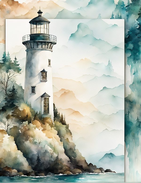 Watercolor Lighthouse Digital Paper: Coastal Ocean Scenes (JPG, Commercial Use) — image 7