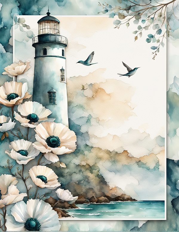 Watercolor Lighthouse Digital Paper: Coastal Ocean Scenes (JPG, Commercial Use) — image 8