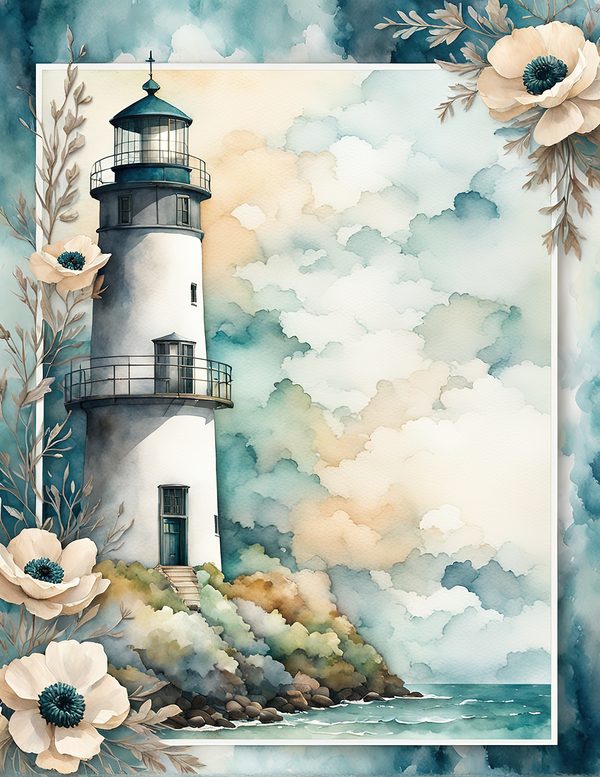 Watercolor Lighthouse Digital Paper: Coastal Ocean Scenes (JPG, Commercial Use) — image 9