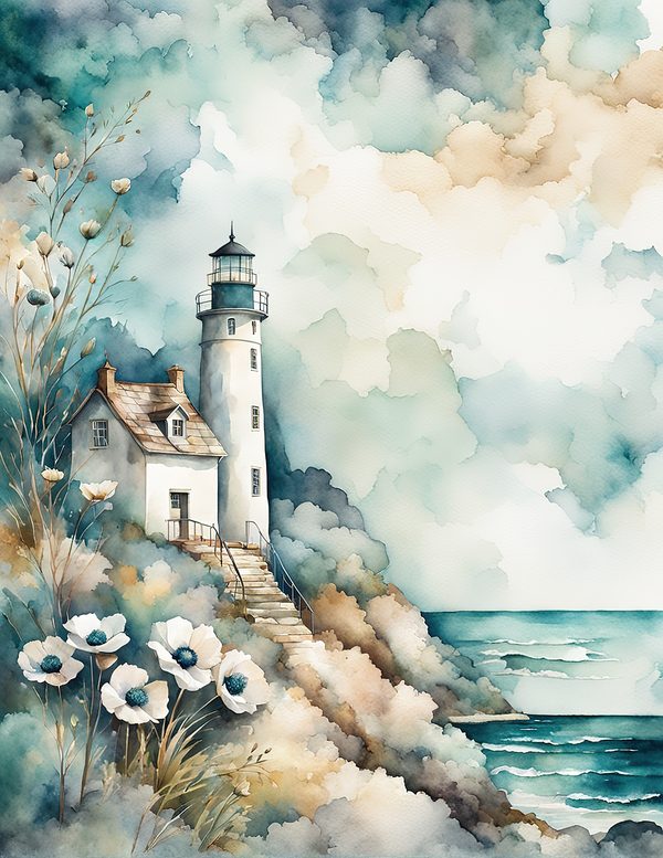 Watercolor Lighthouse Digital Paper: Coastal Ocean Scenes (JPG, Commercial Use) — image 10