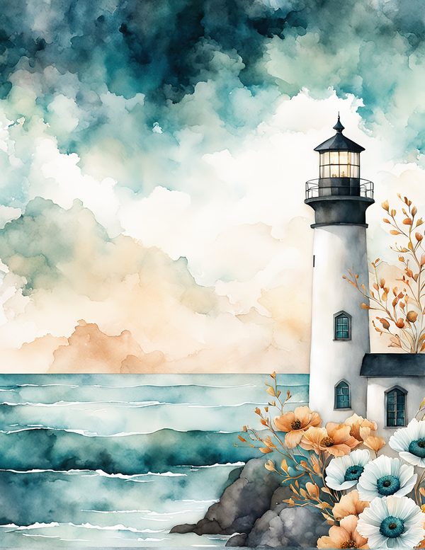 Watercolor Lighthouse Digital Paper: Coastal Ocean Scenes (JPG, Commercial Use) — image 11