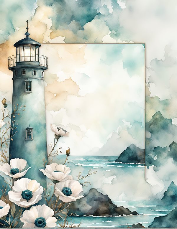 Watercolor Lighthouse Digital Paper: Coastal Ocean Scenes (JPG, Commercial Use) — image 12