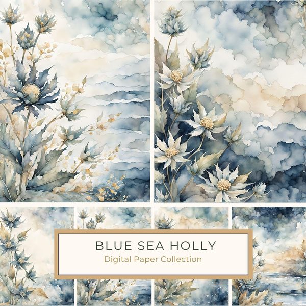 Ocean Botanical Journaling Pages - 10 Watercolor Sea Holly Backgrounds for Scrapbooking & Coastal Journals