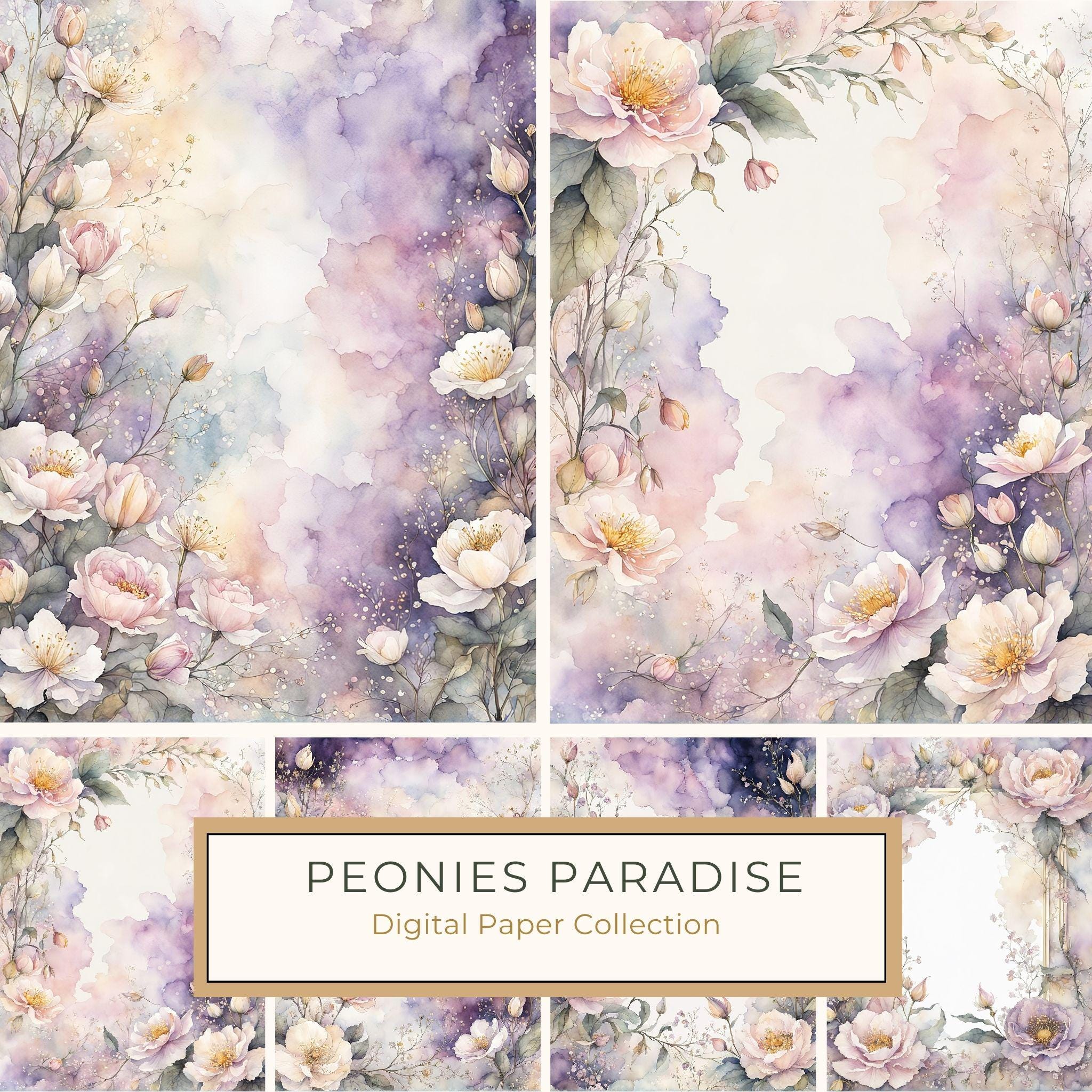 Watercolor Peony Floral Frames: Romantic Digital Paper (JPG, Commercial Use)