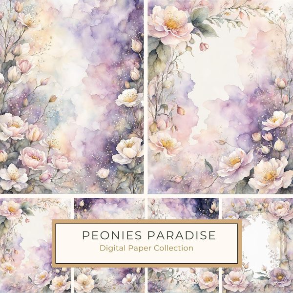 Watercolor Peony Floral Frames: Romantic Digital Paper (JPG, Commercial Use)