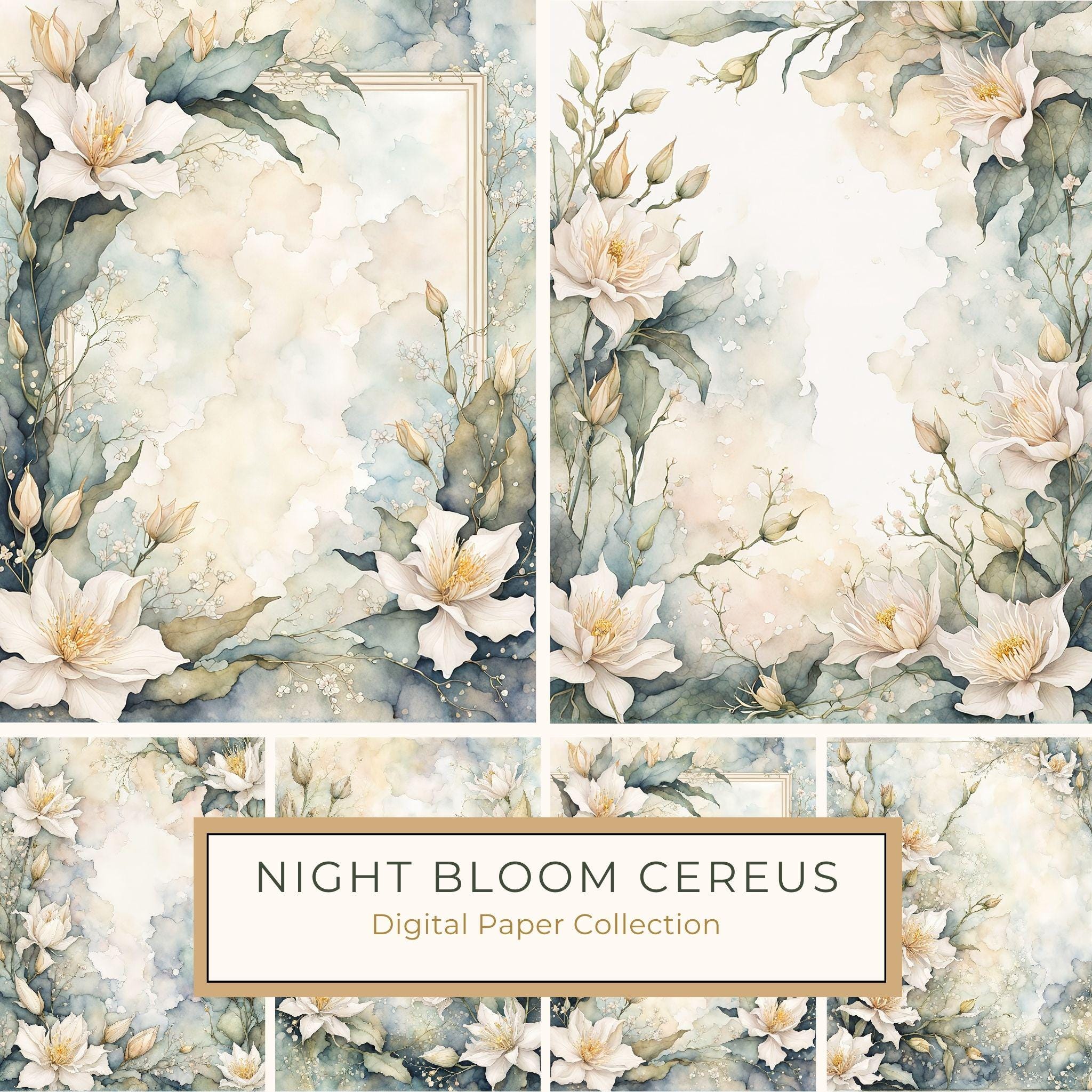 Watercolor Queen of the Night Floral Frame: Romantic Digital Paper (JPG)