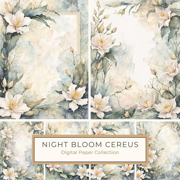 Watercolor Queen of the Night Floral Frame: Romantic Digital Paper (JPG)