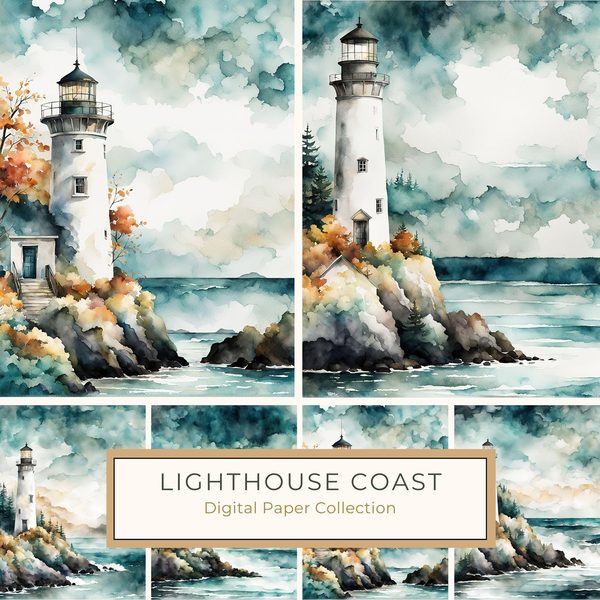 Watercolor Lighthouse Digital Paper: Coastal Ocean Scenes (10 JPG) (Commercial Use)