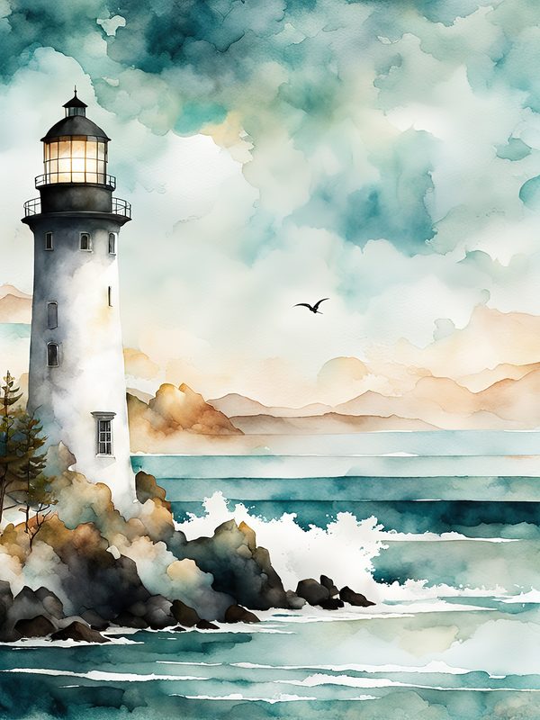 Watercolor Lighthouse Digital Paper: Coastal Ocean Scenes (10 JPG) (Commercial Use) — image 1