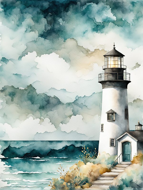 Watercolor Lighthouse Digital Paper: Coastal Ocean Scenes (10 JPG) (Commercial Use) — image 5