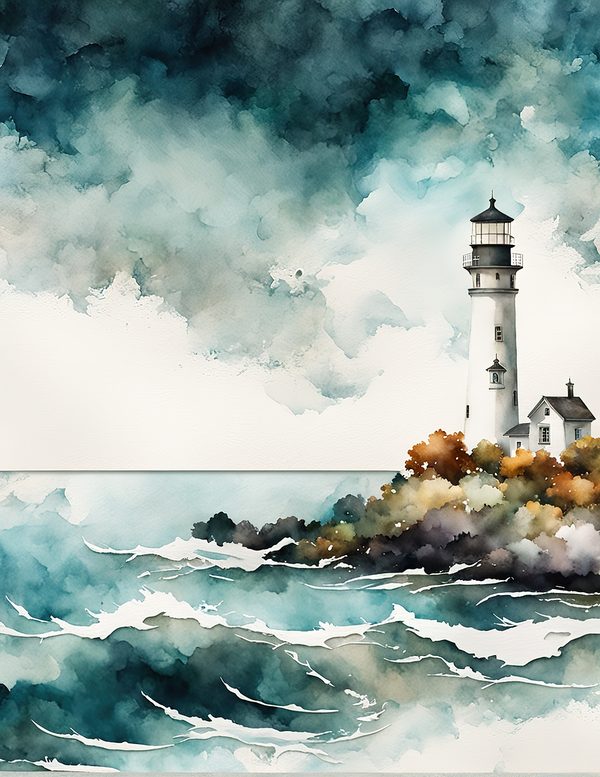 Watercolor Lighthouse Digital Paper: Coastal Ocean Scenes (10 JPG) (Commercial Use) — image 6