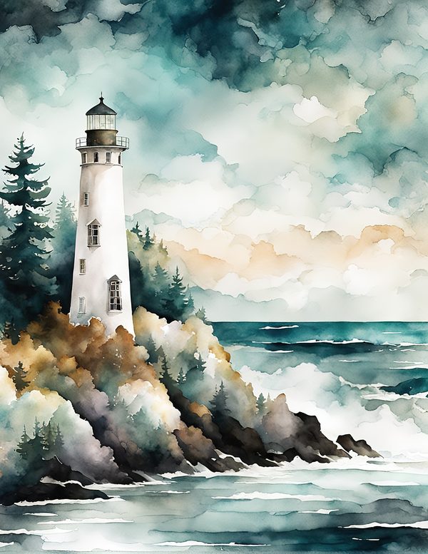 Watercolor Lighthouse Digital Paper: Coastal Ocean Scenes (10 JPG) (Commercial Use) — image 9