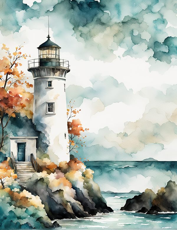 Watercolor Lighthouse Digital Paper: Coastal Ocean Scenes (10 JPG) (Commercial Use) — image 11