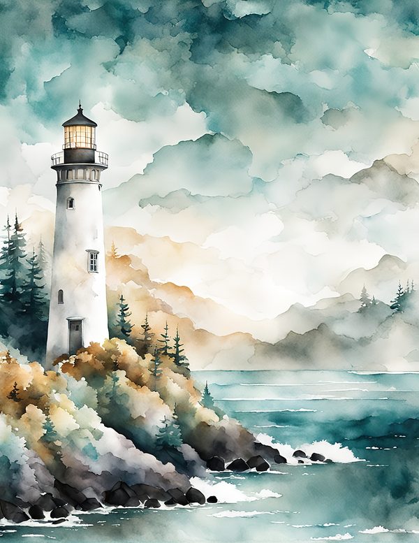 Watercolor Lighthouse Digital Paper: Coastal Ocean Scenes (10 JPG) (Commercial Use) — image 12