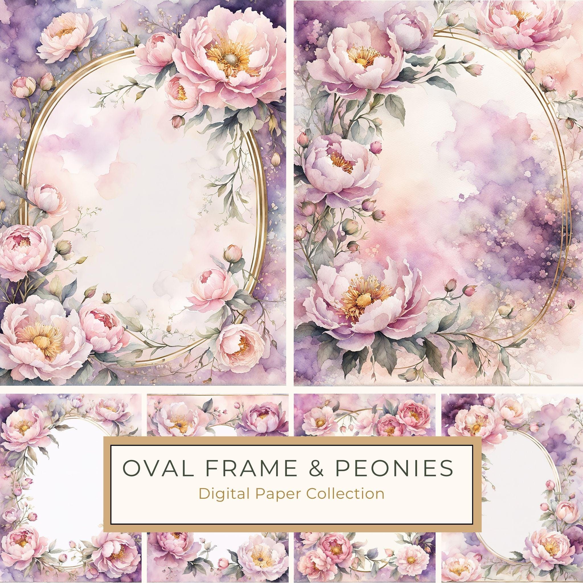 Watercolor Peony Oval Frame: Romantic Floral Backgrounds (JPG Digital Paper)