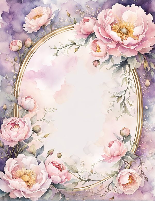 Watercolor Peony Oval Frame: Romantic Floral Backgrounds (JPG Digital Paper) — image 1