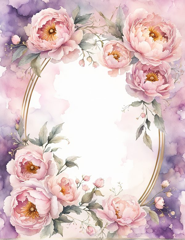 Watercolor Peony Oval Frame: Romantic Floral Backgrounds (JPG Digital Paper) — image 3
