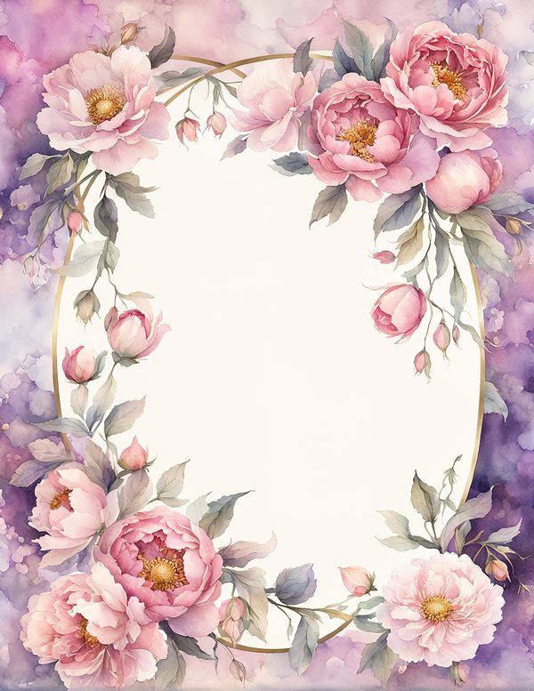 Watercolor Peony Oval Frame: Romantic Floral Backgrounds (JPG Digital Paper) — image 4