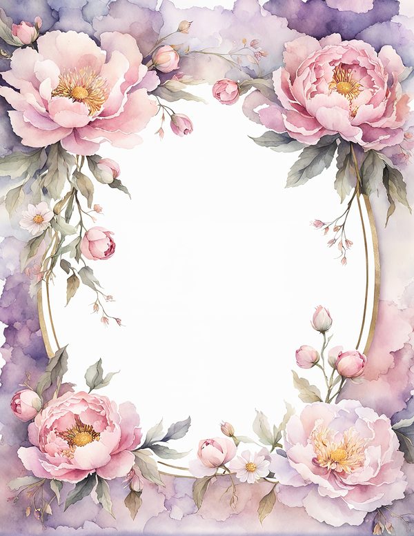 Watercolor Peony Oval Frame: Romantic Floral Backgrounds (JPG Digital Paper) — image 5